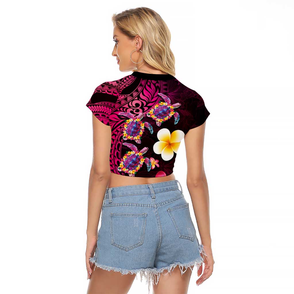 Hawaiian Turtles and Plumeria Raglan Cropped T Shirt Polynesian Art Tribal Tattoo Cerise LT03 - Polynesian Pride