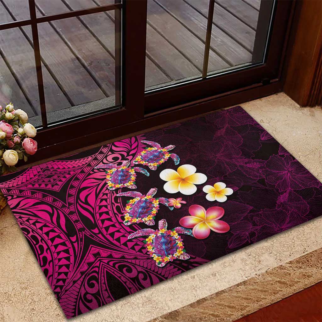 Hawaiian Turtles and Plumeria Rubber Doormat Polynesian Art Tribal Tattoo Cerise LT03 - Polynesian Pride