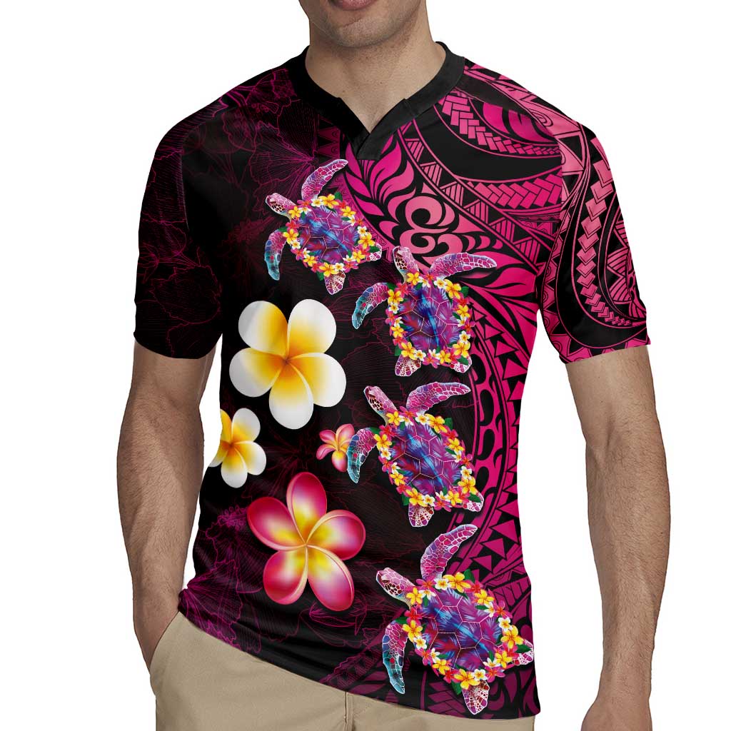Hawaiian Turtles and Plumeria Rugby Jersey Polynesian Art Tribal Tattoo Cerise LT03 - Polynesian Pride