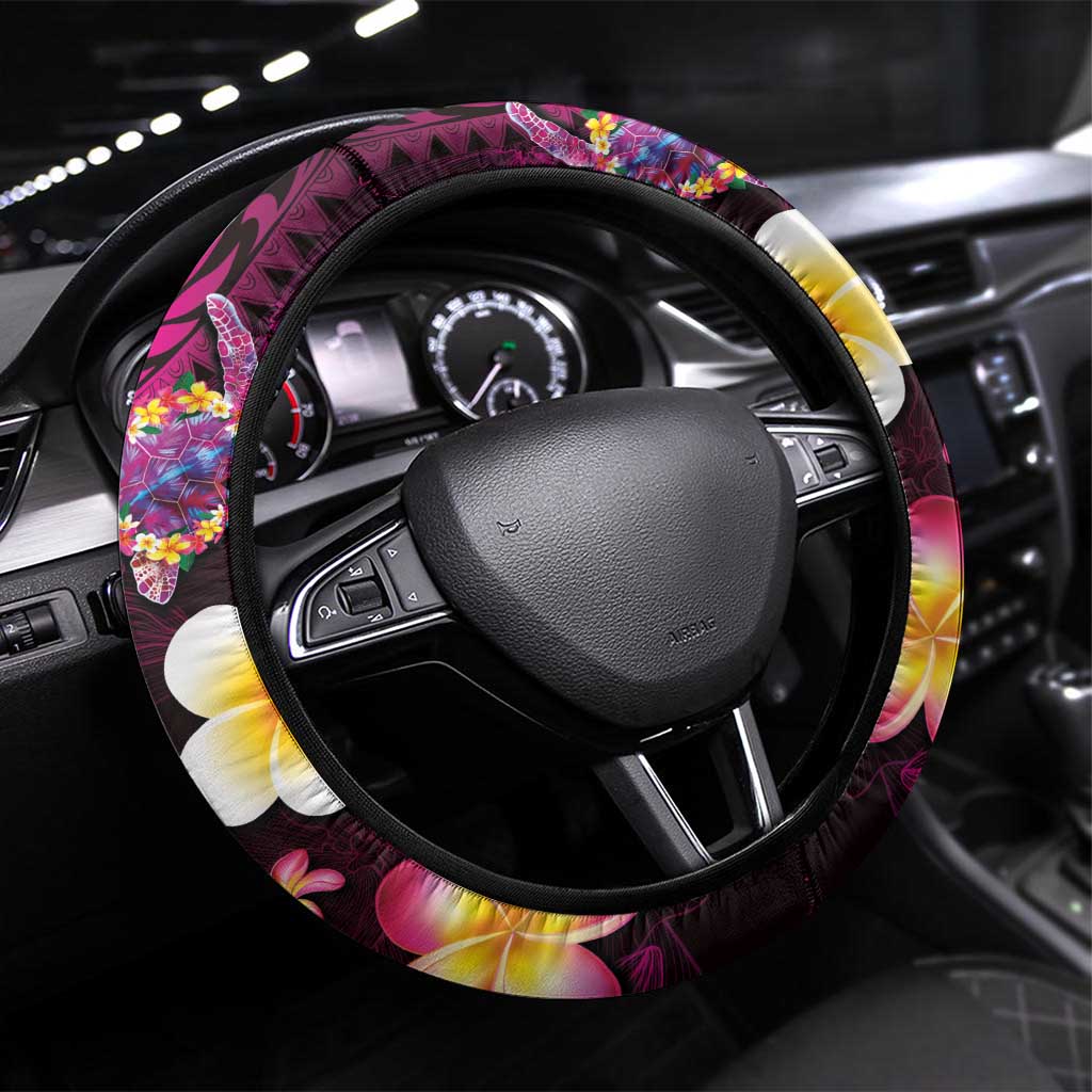 Hawaiian Turtles and Plumeria Steering Wheel Cover Polynesian Art Tribal Tattoo Cerise LT03 Universal Fit Pink - Polynesian Pride
