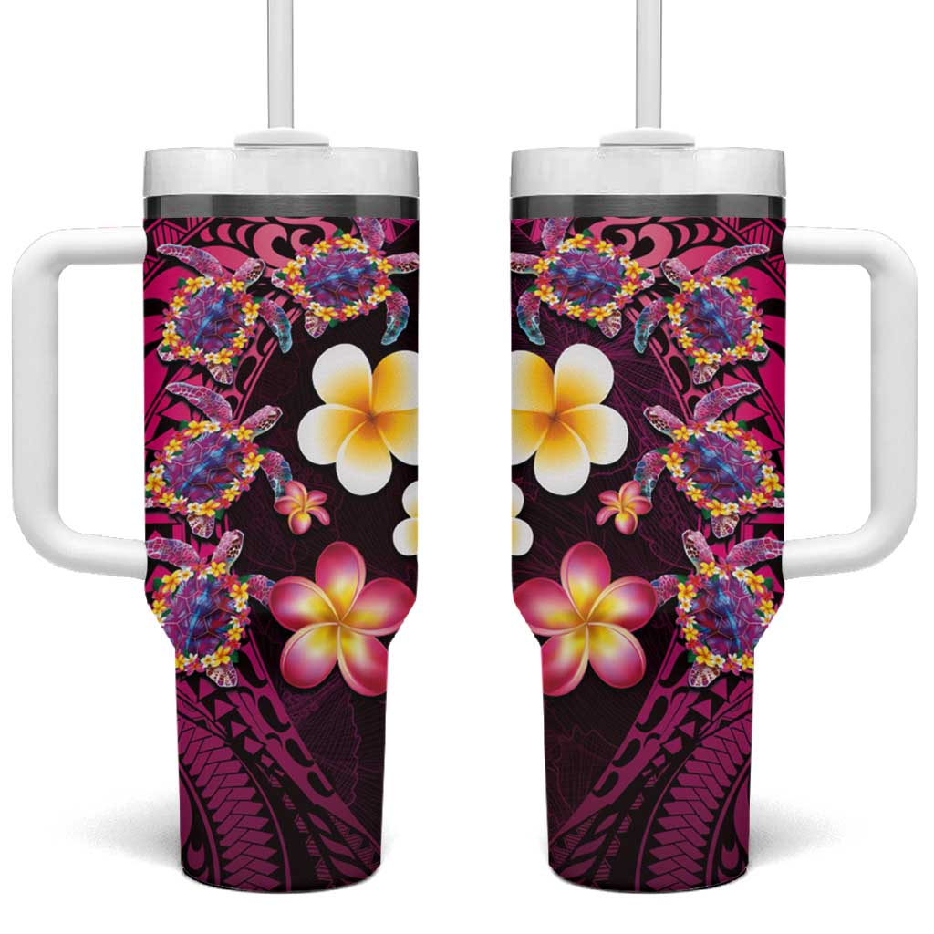 Hawaiian Turtles and Plumeria Tumbler With Handle Polynesian Art Tribal Tattoo Cerise LT03 One Size: 40 oz Pink - Polynesian Pride