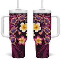 Hawaiian Turtles and Plumeria Tumbler With Handle Polynesian Art Tribal Tattoo Cerise LT03 One Size: 40 oz Pink - Polynesian Pride