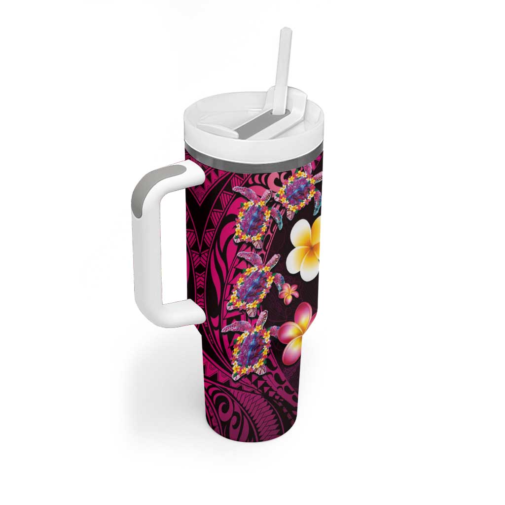 Hawaiian Turtles and Plumeria Tumbler With Handle Polynesian Art Tribal Tattoo Cerise LT03 - Polynesian Pride