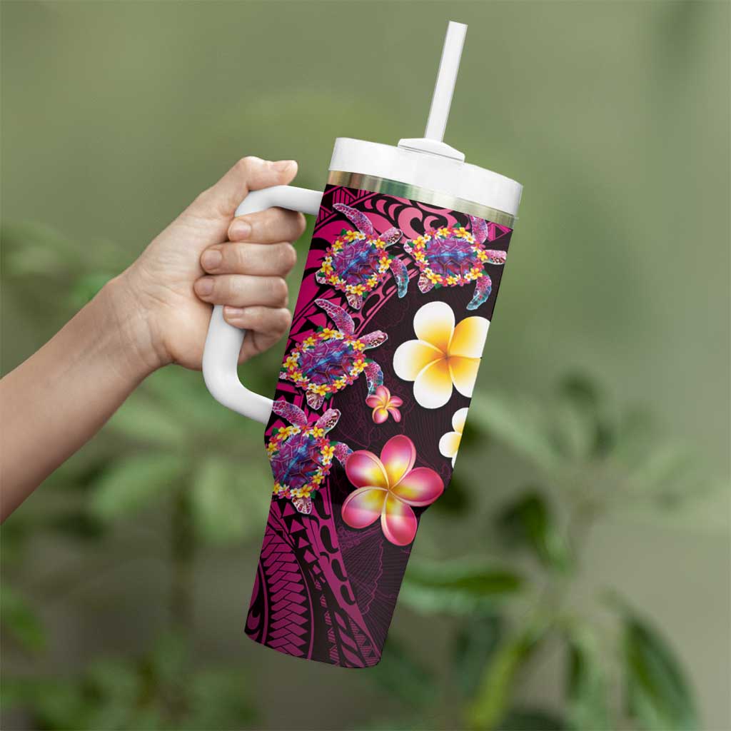Hawaiian Turtles and Plumeria Tumbler With Handle Polynesian Art Tribal Tattoo Cerise LT03 - Polynesian Pride