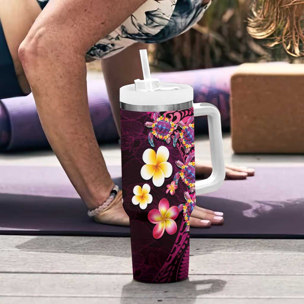 Hawaiian Turtles and Plumeria Tumbler With Handle Polynesian Art Tribal Tattoo Cerise LT03 - Polynesian Pride