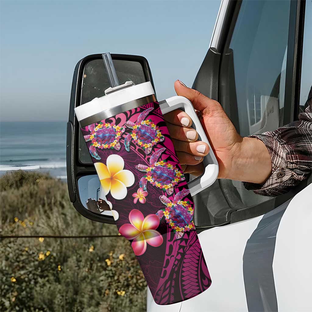 Hawaiian Turtles and Plumeria Tumbler With Handle Polynesian Art Tribal Tattoo Cerise LT03 - Polynesian Pride