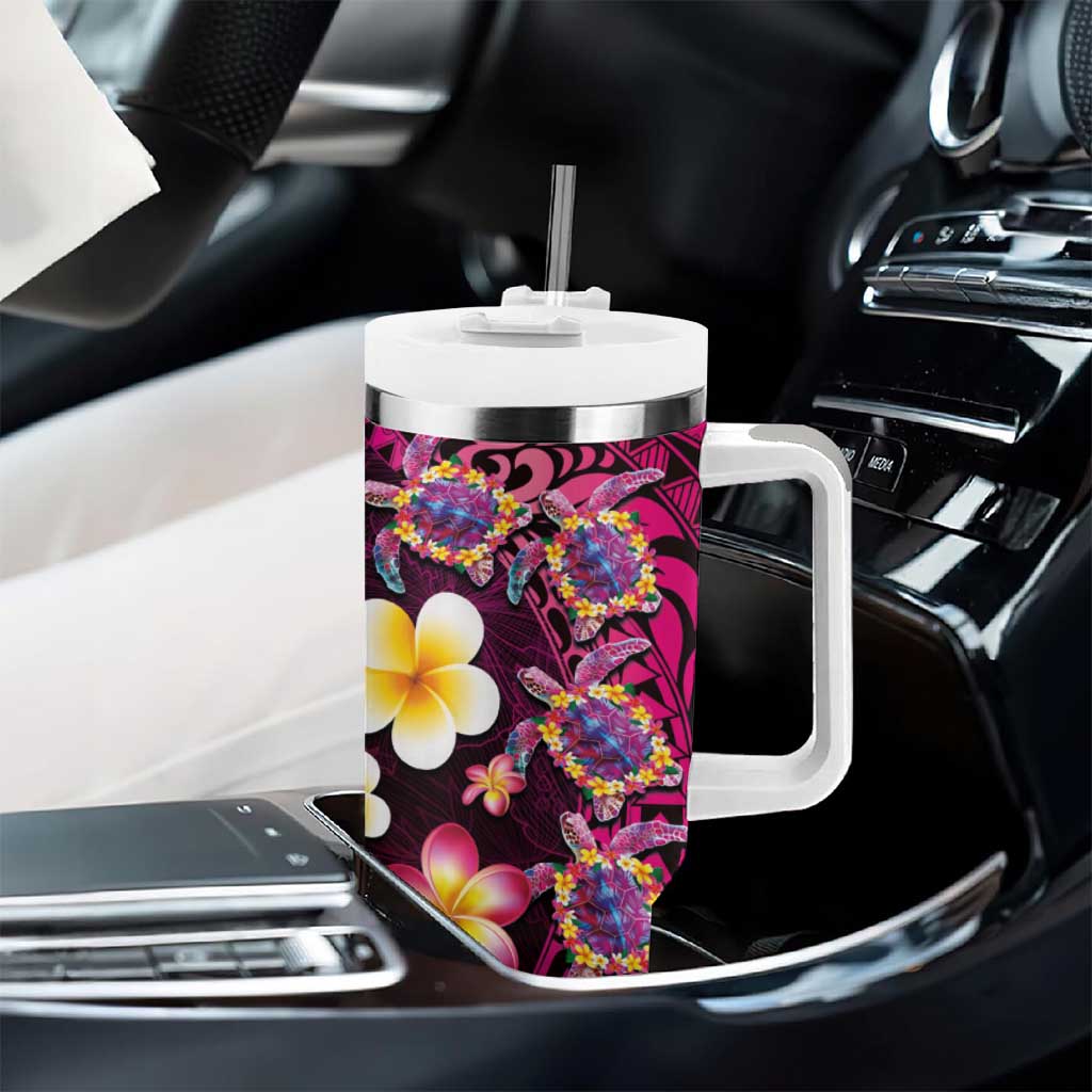 Hawaiian Turtles and Plumeria Tumbler With Handle Polynesian Art Tribal Tattoo Cerise LT03 - Polynesian Pride