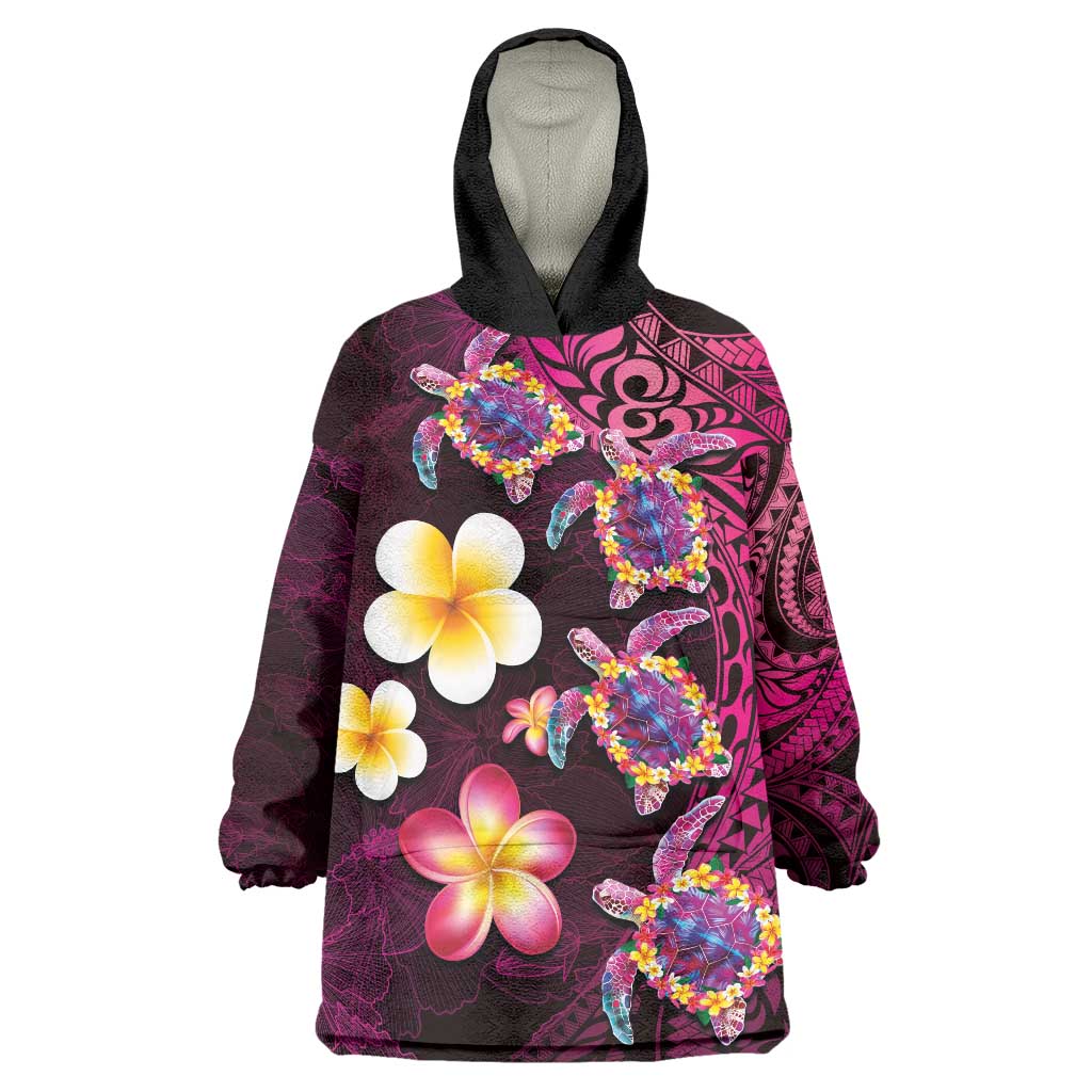 Hawaiian Turtles and Plumeria Wearable Blanket Hoodie Polynesian Art Tribal Tattoo Cerise LT03 One Size Pink - Polynesian Pride