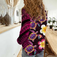 Hawaiian Turtles and Plumeria Women Casual Shirt Polynesian Art Tribal Tattoo Cerise LT03 - Polynesian Pride