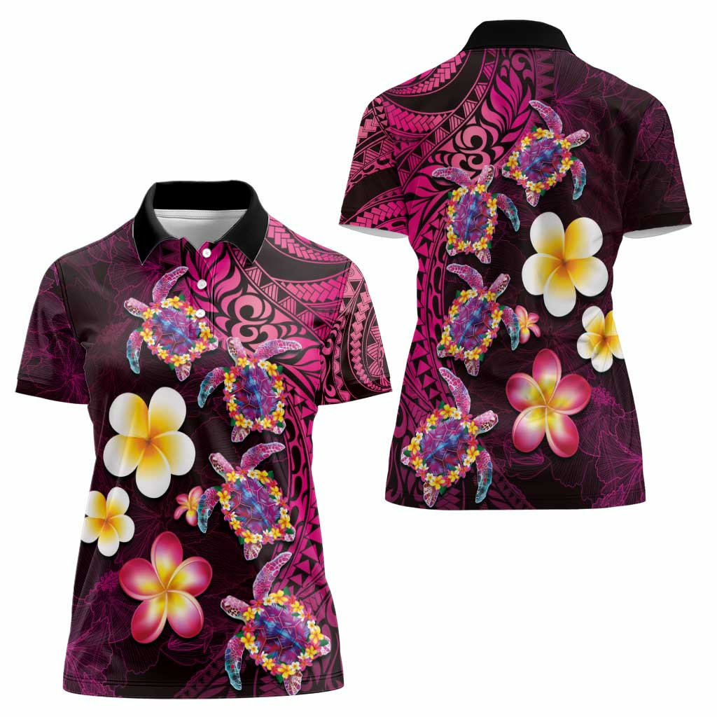 Hawaiian Turtles and Plumeria Women Polo Shirt Polynesian Art Tribal Tattoo Cerise LT03 - Polynesian Pride