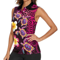 Hawaiian Turtles and Plumeria Women Sleeveless Polo Shirt Polynesian Art Tribal Tattoo Cerise LT03 - Polynesian Pride