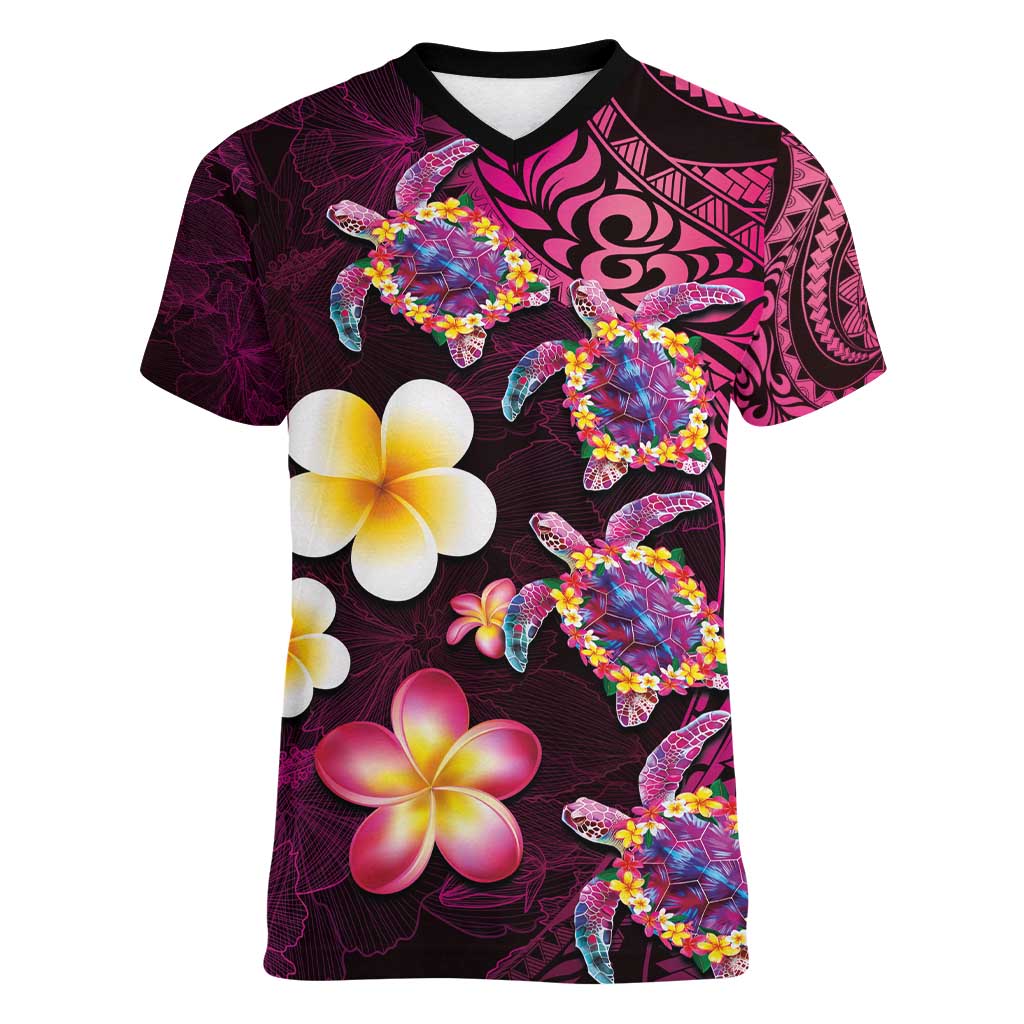 Hawaiian Turtles and Plumeria Women V-Neck T-Shirt Polynesian Art Tribal Tattoo Cerise LT03 Female Pink - Polynesian Pride