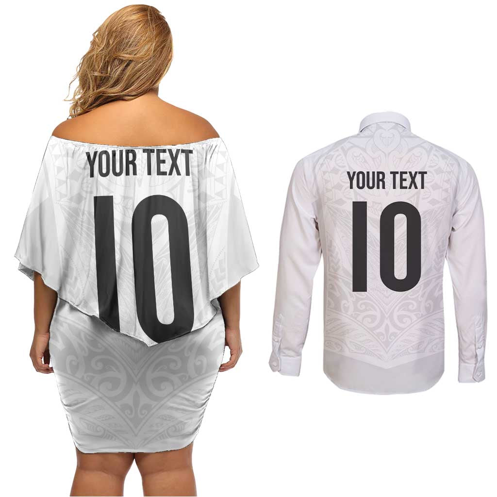 Custom New Zealand Football Couples Matching Off Shoulder Short Dress and Long Sleeve Button Shirt The Whites-Sporty T90 Style LT03 - Polynesian Pride