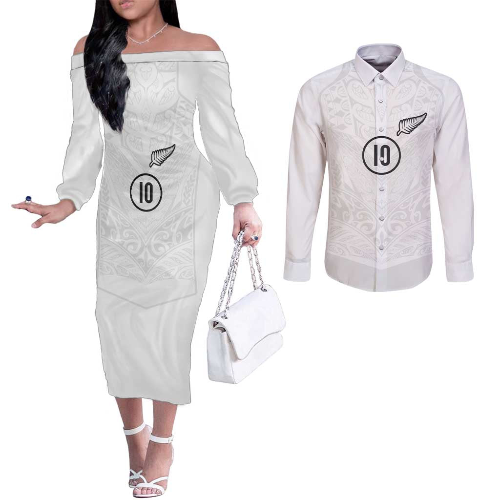 Custom New Zealand Football Couples Matching Off The Shoulder Long Sleeve Dress and Long Sleeve Button Shirt The Whites-Sporty T90 Style LT03 White - Polynesian Pride