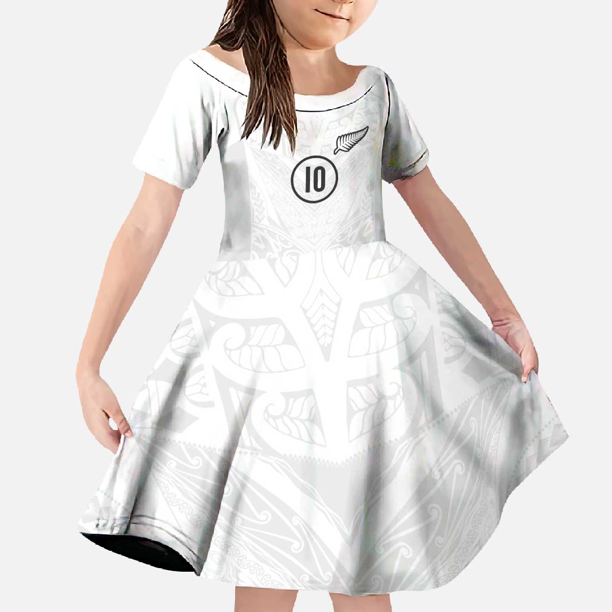 Custom New Zealand Football Family Matching Off The Shoulder Long Sleeve Dress and Hawaiian Shirt The Whites-Sporty T90 Style LT03 Daughter's Dress White - Polynesian Pride