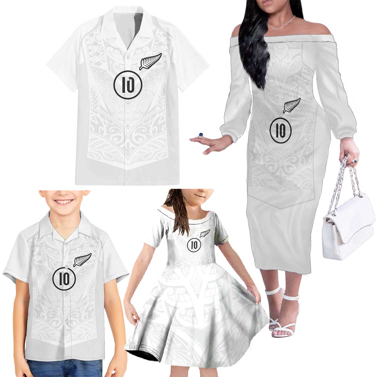 Custom New Zealand Football Family Matching Off The Shoulder Long Sleeve Dress and Hawaiian Shirt The Whites-Sporty T90 Style LT03 - Polynesian Pride