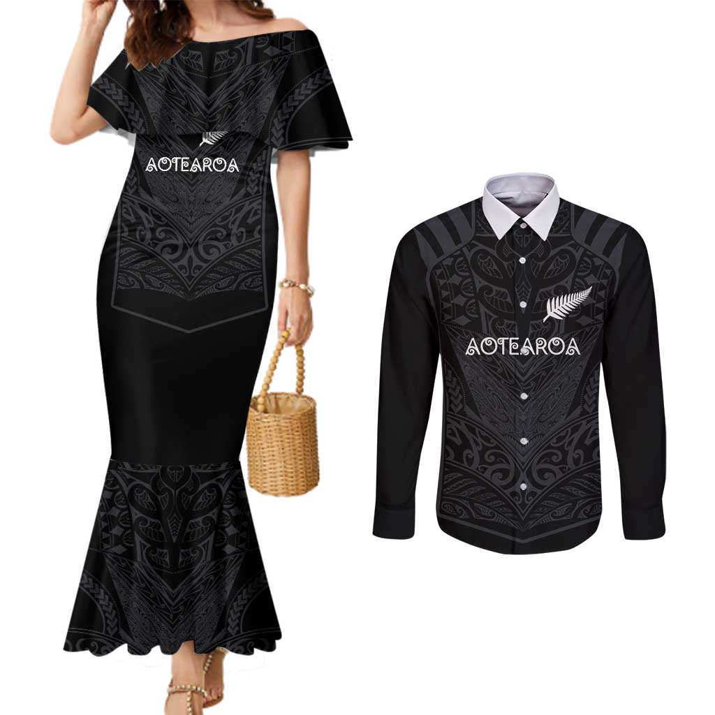 Custom Aotearoa Rugby Couples Matching Mermaid Dress and Long Sleeve Button Shirt The Blacks-Sporty T90 Style LT03 Black - Polynesian Pride