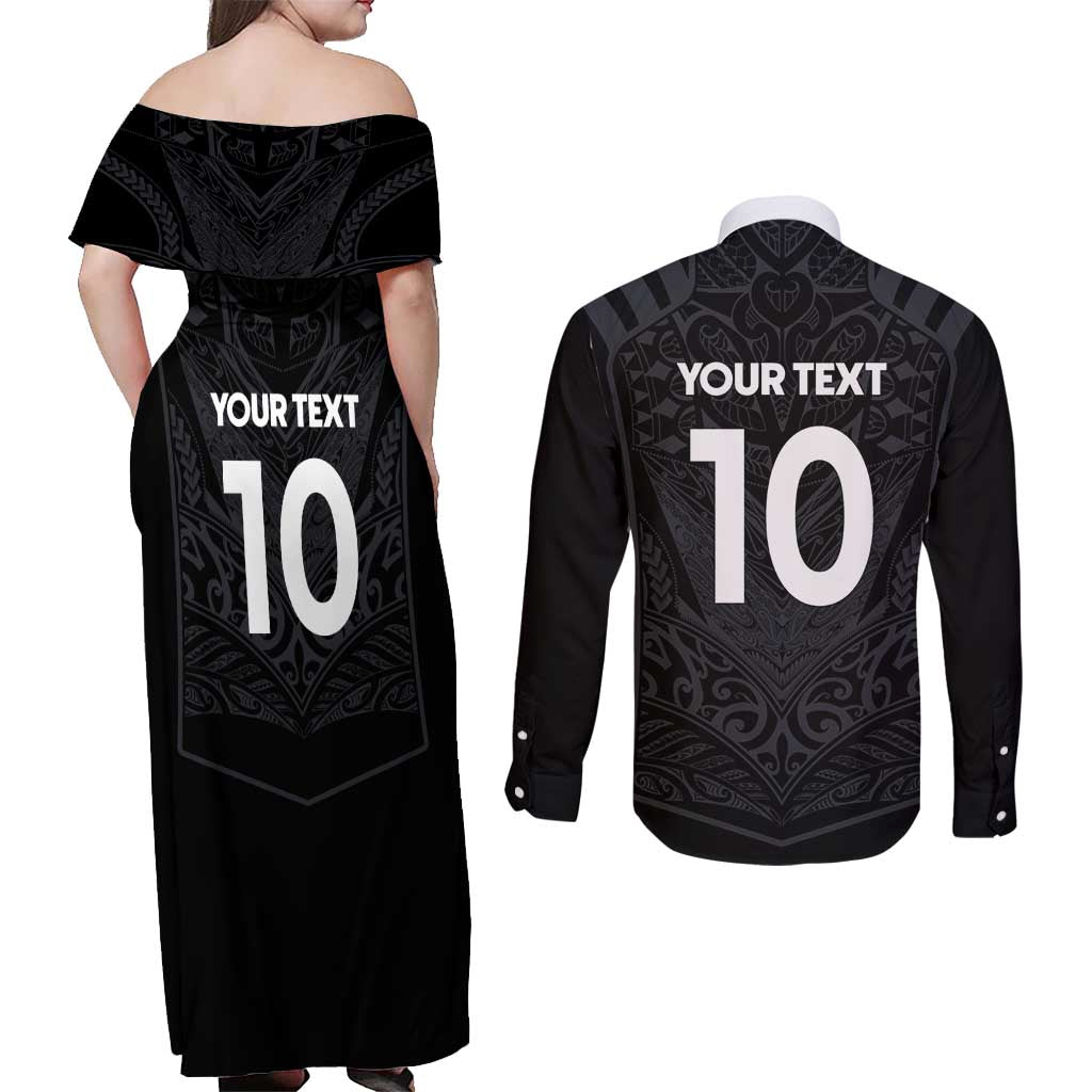 Custom Aotearoa Rugby Couples Matching Off Shoulder Maxi Dress and Long Sleeve Button Shirt The Blacks-Sporty T90 Style LT03 - Polynesian Pride