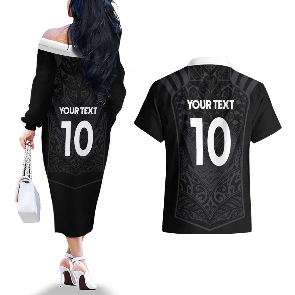 Custom Aotearoa Rugby Couples Matching Off The Shoulder Long Sleeve Dress and Hawaiian Shirt The Blacks-Sporty T90 Style LT03 - Polynesian Pride