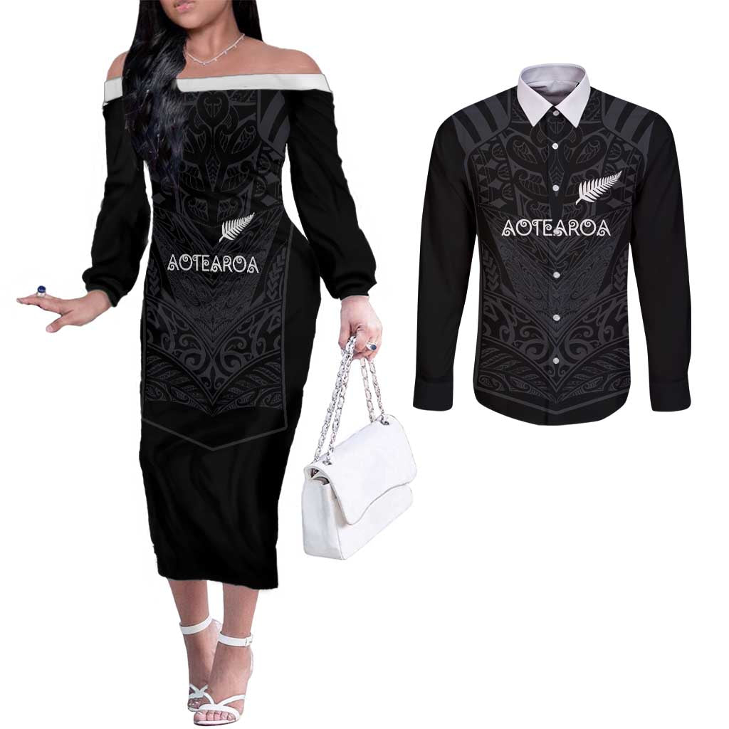 Custom Aotearoa Rugby Couples Matching Off The Shoulder Long Sleeve Dress and Long Sleeve Button Shirt The Blacks-Sporty T90 Style LT03 Black - Polynesian Pride