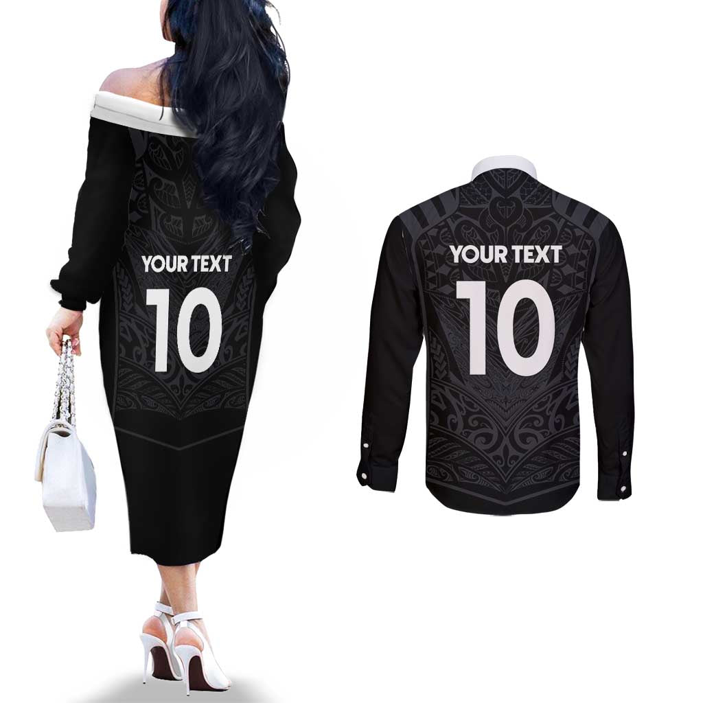 Custom Aotearoa Rugby Couples Matching Off The Shoulder Long Sleeve Dress and Long Sleeve Button Shirt The Blacks-Sporty T90 Style LT03 - Polynesian Pride
