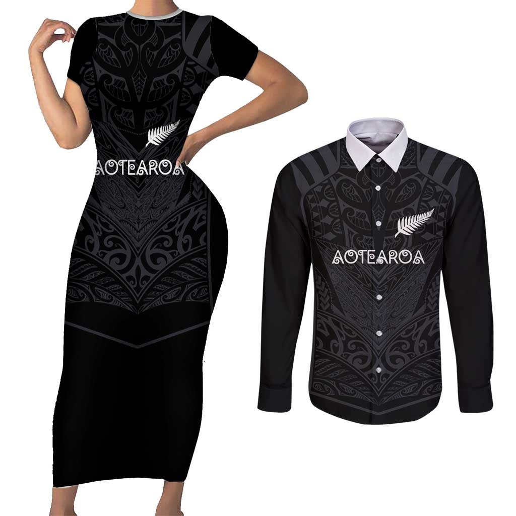 Custom Aotearoa Rugby Couples Matching Short Sleeve Bodycon Dress and Long Sleeve Button Shirt The Blacks-Sporty T90 Style LT03 Black - Polynesian Pride