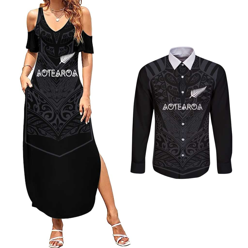Custom Aotearoa Rugby Couples Matching Summer Maxi Dress and Long Sleeve Button Shirt The Blacks-Sporty T90 Style LT03 Black - Polynesian Pride