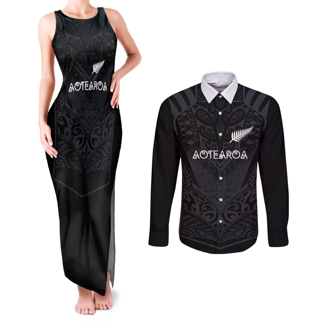 Custom Aotearoa Rugby Couples Matching Tank Maxi Dress and Long Sleeve Button Shirt The Blacks-Sporty T90 Style LT03 Black - Polynesian Pride