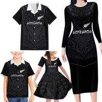 Custom Aotearoa Rugby Family Matching Long Sleeve Bodycon Dress and Hawaiian Shirt The Blacks-Sporty T90 Style LT03 - Polynesian Pride