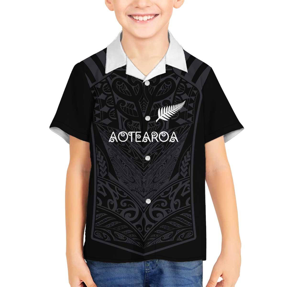 Custom Aotearoa Rugby Family Matching Off The Shoulder Long Sleeve Dress and Hawaiian Shirt The Blacks-Sporty T90 Style LT03 Son's Shirt Black - Polynesian Pride