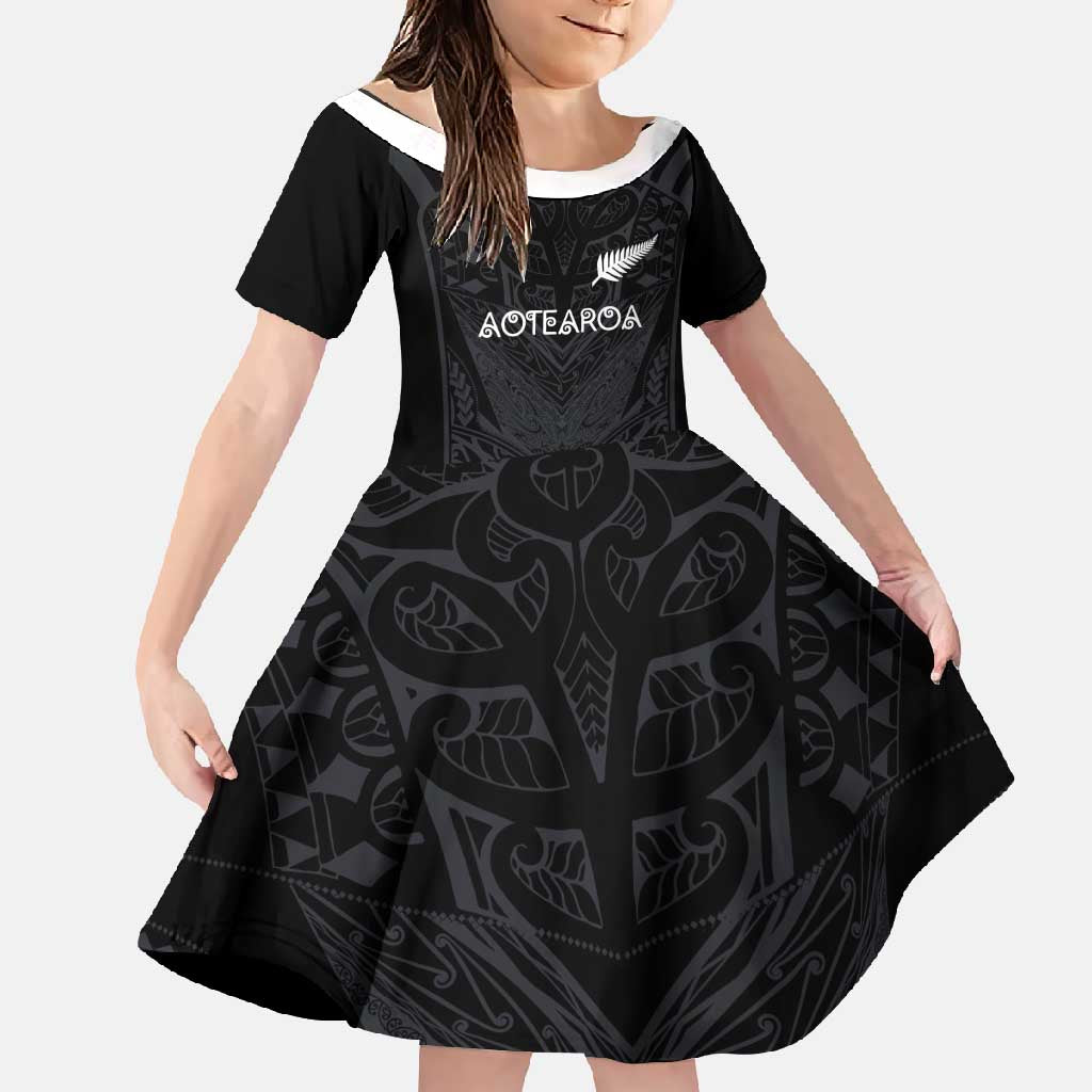 Custom Aotearoa Rugby Family Matching Off Shoulder Maxi Dress and Hawaiian Shirt The Blacks-Sporty T90 Style LT03 Daughter's Dress Black - Polynesian Pride