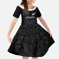 Custom Aotearoa Rugby Family Matching Off Shoulder Maxi Dress and Hawaiian Shirt The Blacks-Sporty T90 Style LT03 Daughter's Dress Black - Polynesian Pride