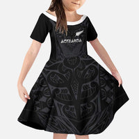 Custom Aotearoa Rugby Family Matching Puletasi and Hawaiian Shirt The Blacks-Sporty T90 Style LT03 Daughter's Dress Black - Polynesian Pride