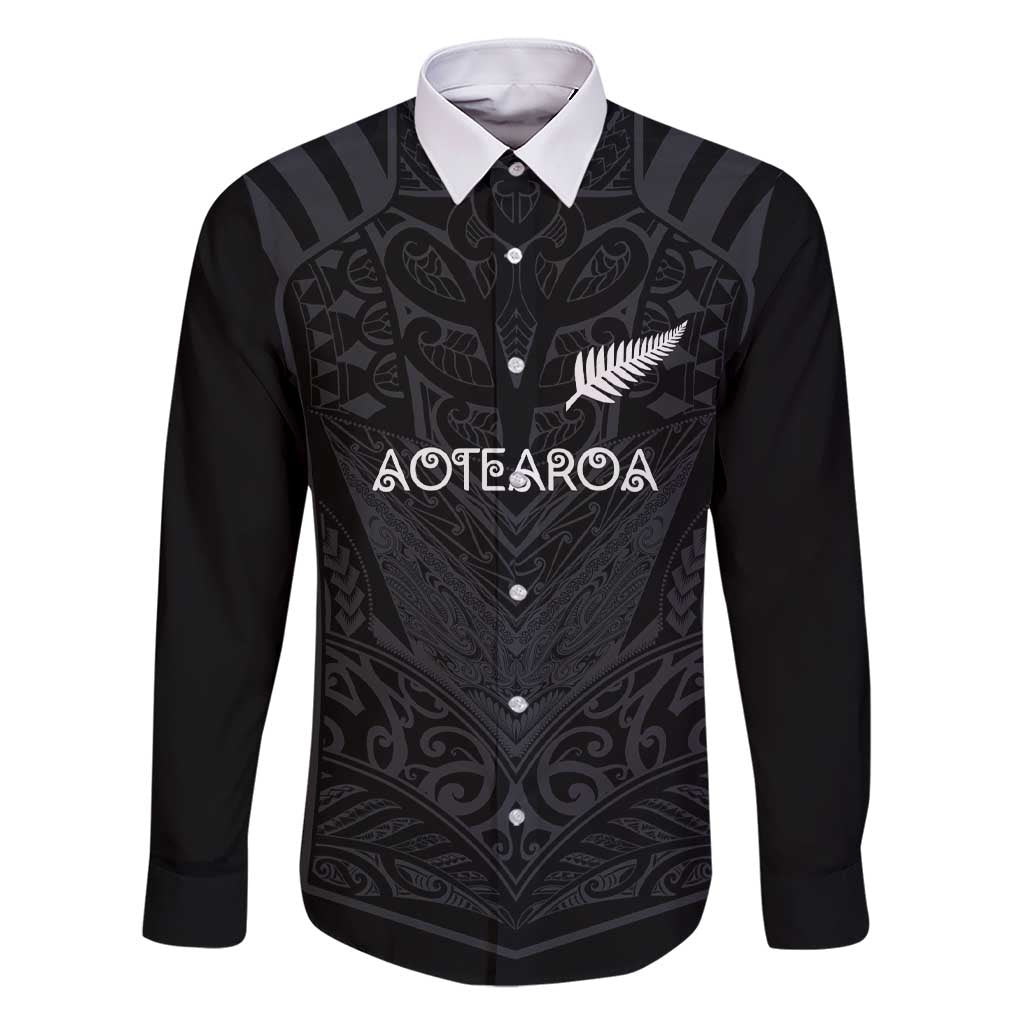 Custom Aotearoa Rugby Family Matching Short Sleeve Bodycon Dress and Hawaiian Shirt The Blacks-Sporty T90 Style LT03 Dad's Shirt - Long Sleeve Black - Polynesian Pride