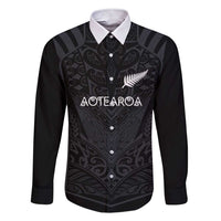 Custom Aotearoa Rugby Family Matching Short Sleeve Bodycon Dress and Hawaiian Shirt The Blacks-Sporty T90 Style LT03 Dad's Shirt - Long Sleeve Black - Polynesian Pride