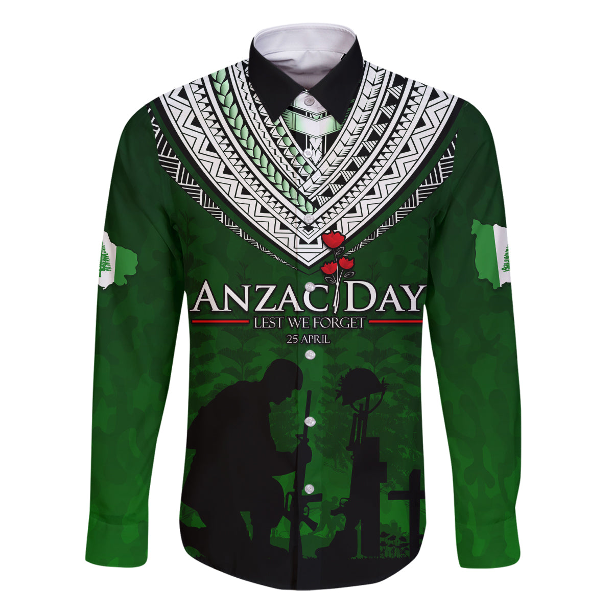 Norfolk Island ANZAC Day Family Matching Off Shoulder Maxi Dress and Hawaiian Shirt Soldier Lest We Forget Camouflage LT03 Dad's Shirt - Long Sleeve Green - Polynesian Pride
