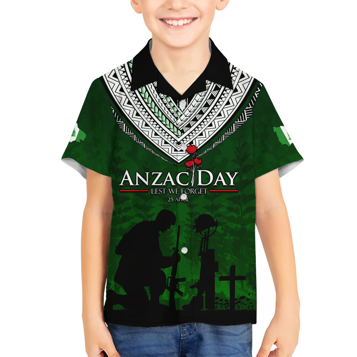 Norfolk Island ANZAC Day Family Matching Off Shoulder Maxi Dress and Hawaiian Shirt Soldier Lest We Forget Camouflage LT03 Son's Shirt Green - Polynesian Pride