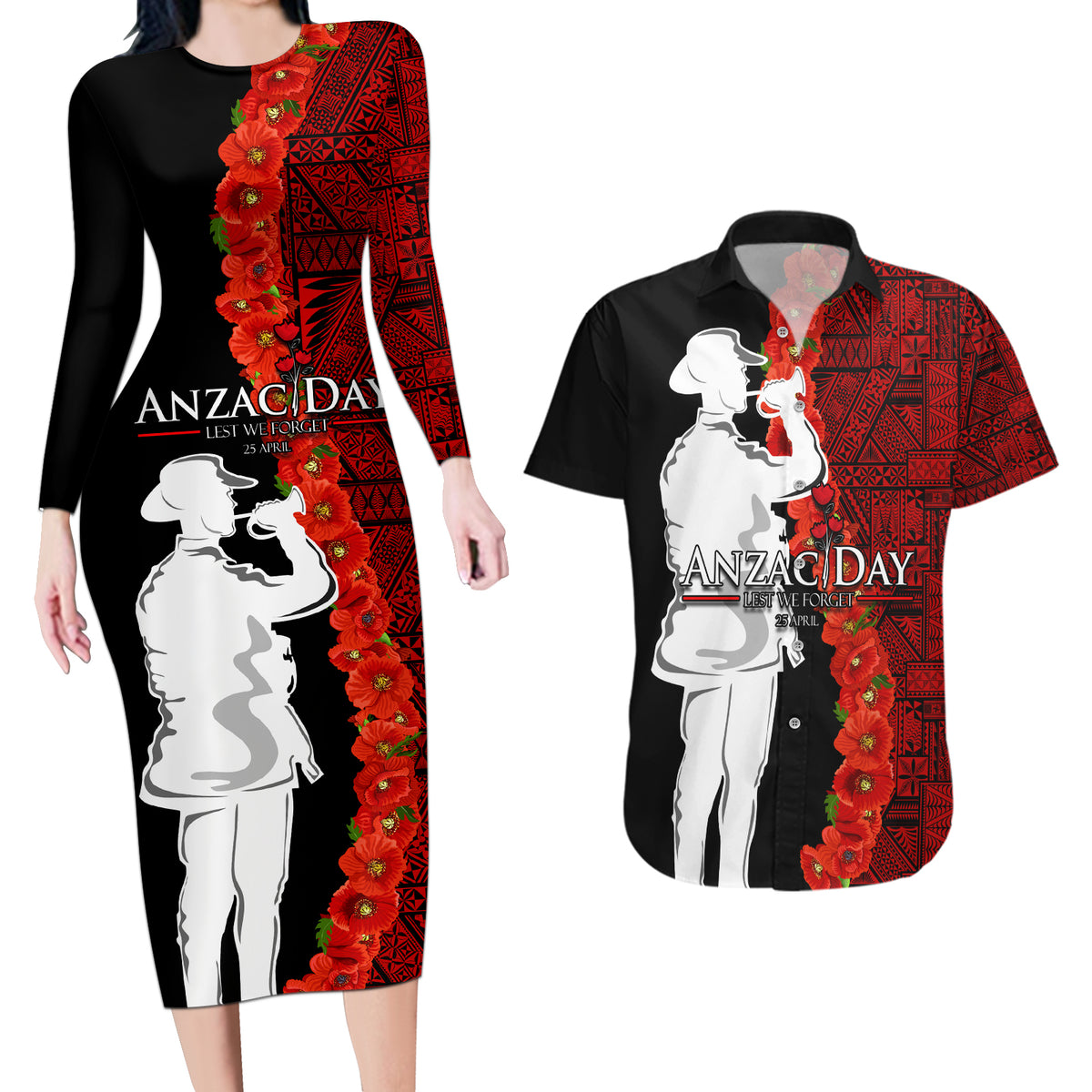 Tonga ANZAC Day Couples Matching Long Sleeve Bodycon Dress and Hawaiian Shirt Red Poppies Flower Soldier Lest We Forget LT03 Red - Polynesian Pride