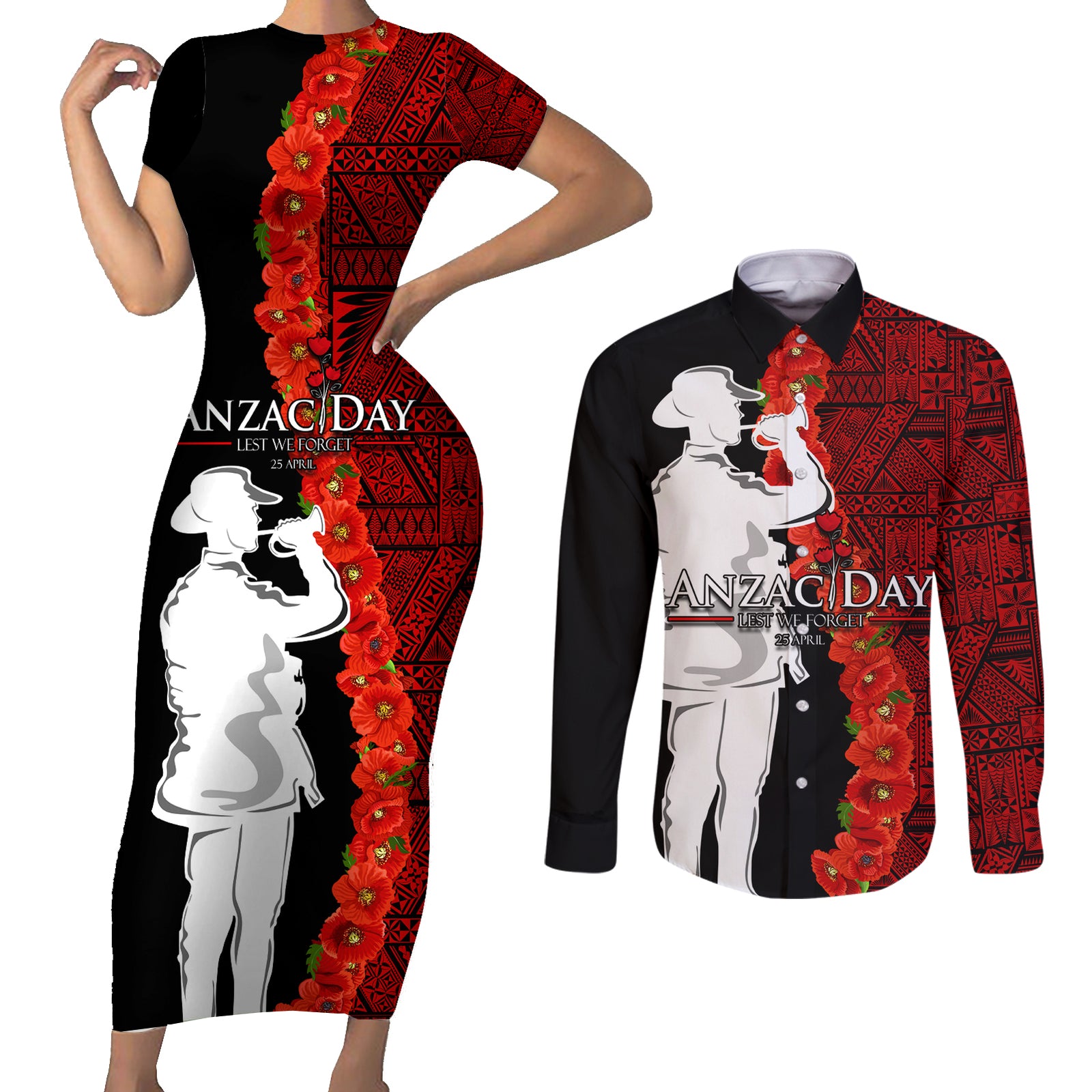Tonga ANZAC Day Couples Matching Short Sleeve Bodycon Dress and Long Sleeve Button Shirt Red Poppies Flower Soldier Lest We Forget LT03 Red - Polynesian Pride