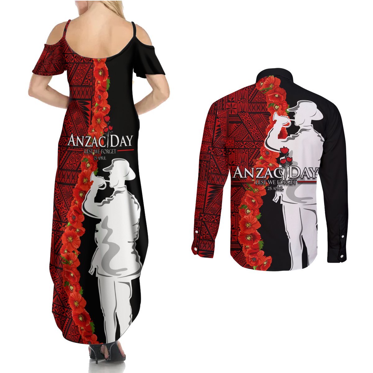 Tonga ANZAC Day Couples Matching Summer Maxi Dress and Long Sleeve Button Shirt Red Poppies Flower Soldier Lest We Forget LT03 - Polynesian Pride