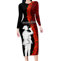 Tonga ANZAC Day Family Matching Long Sleeve Bodycon Dress and Hawaiian Shirt Red Poppies Flower Soldier Lest We Forget LT03 Mom's Dress Red - Polynesian Pride