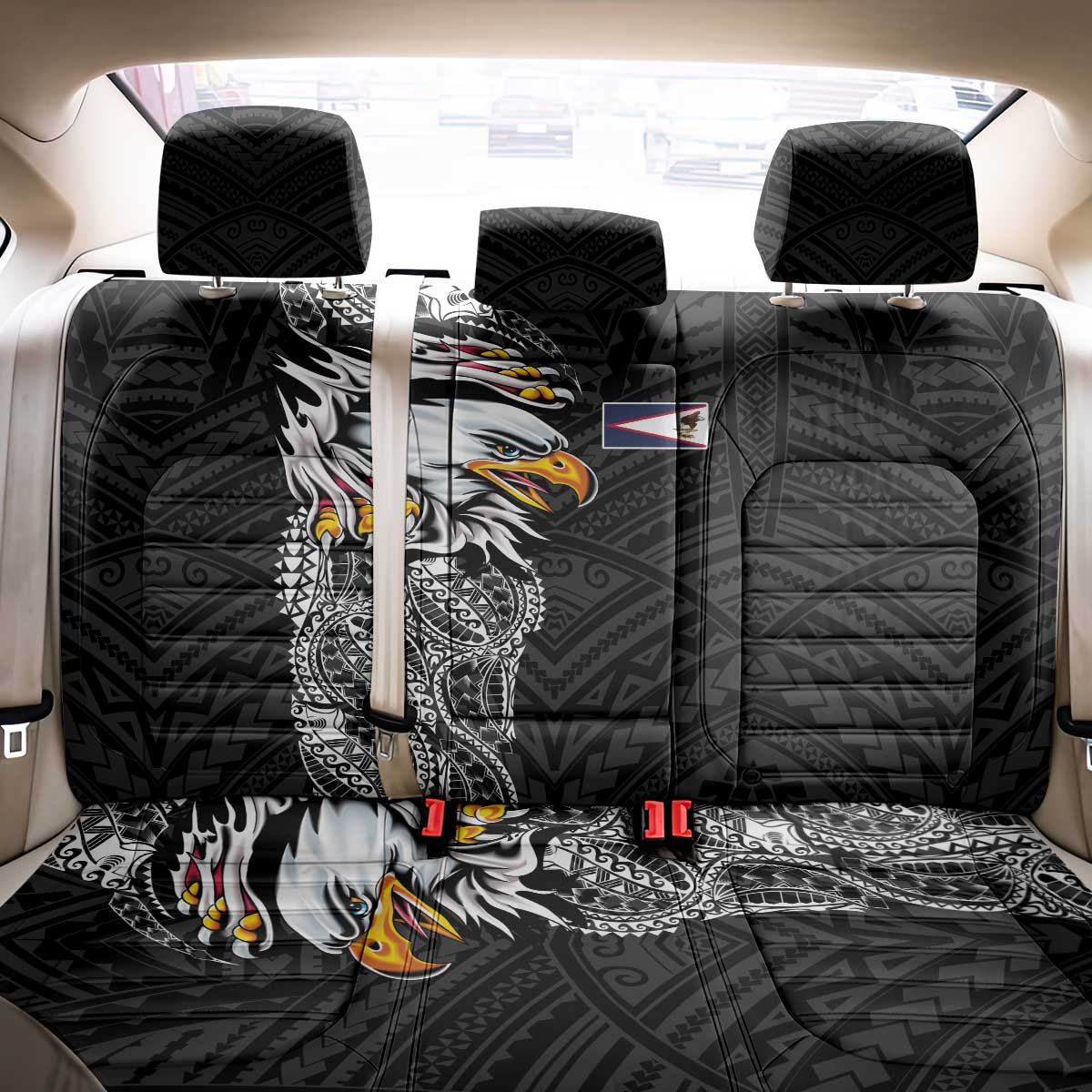 American Samoa Flag Day Back Car Seat Cover Tribal Tattoo with Eagle Black