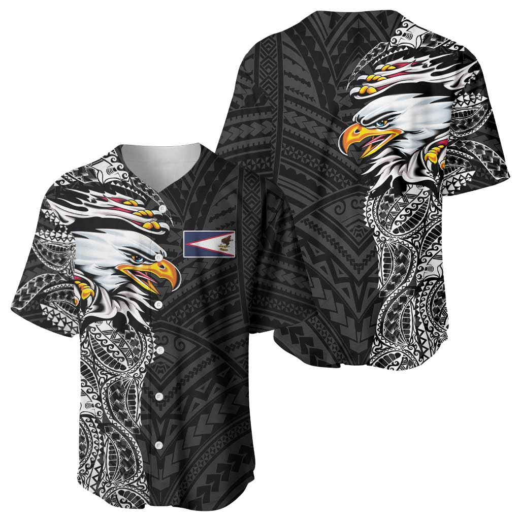 American Samoa Flag Day Baseball Jersey Tribal Tattoo with Eagle Black