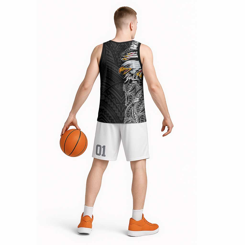 American Samoa Flag Day Basketball Jersey Tribal Tattoo with Eagle Black