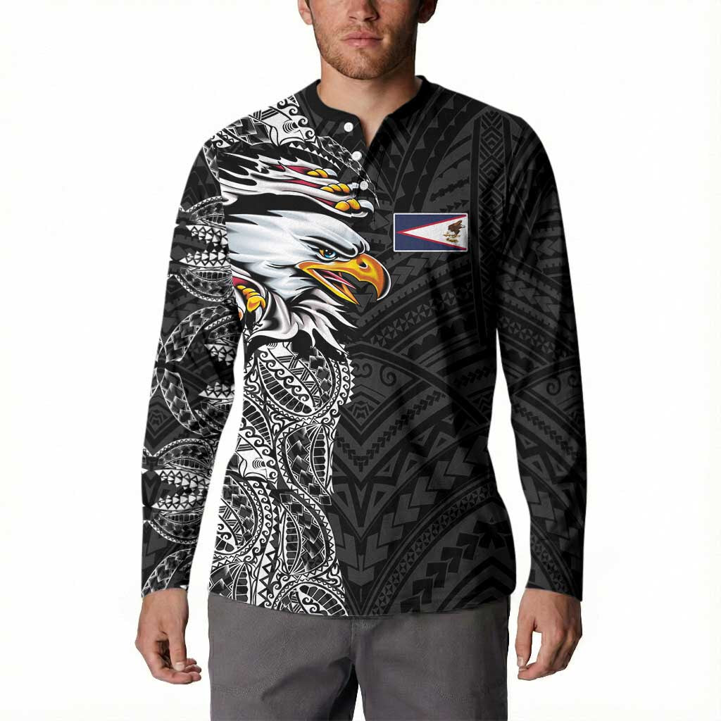 American Samoa Flag Day Button Sweatshirt Tribal Tattoo with Eagle Black