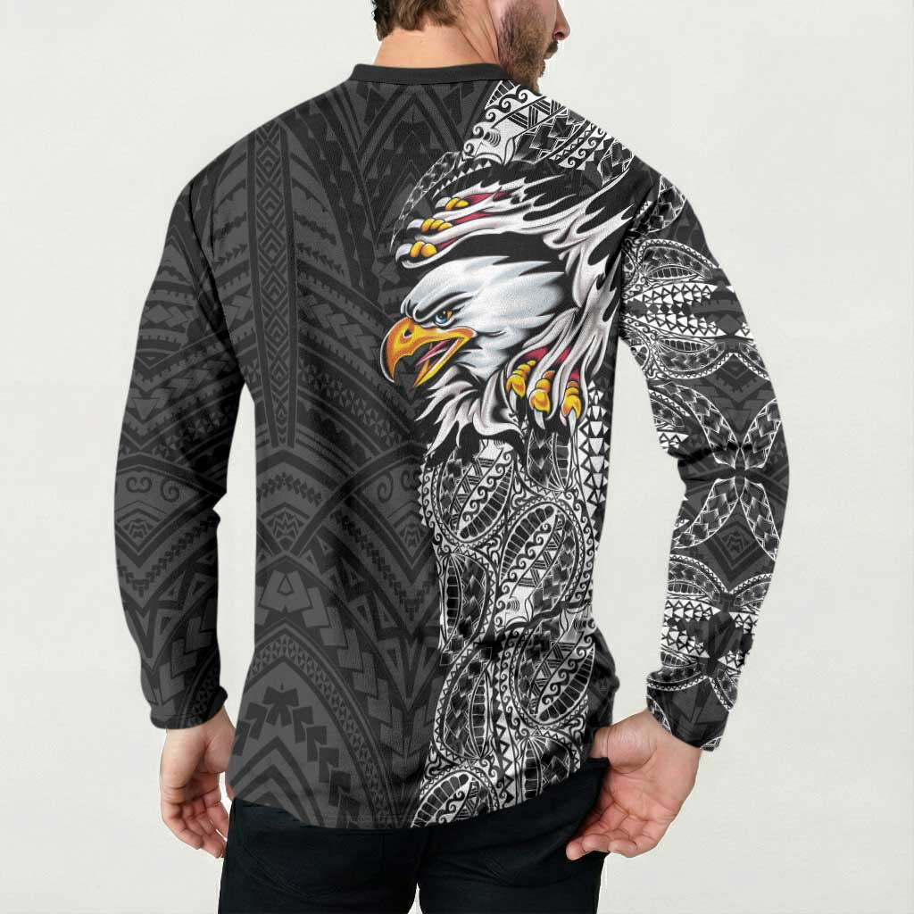American Samoa Flag Day Button Sweatshirt Tribal Tattoo with Eagle Black