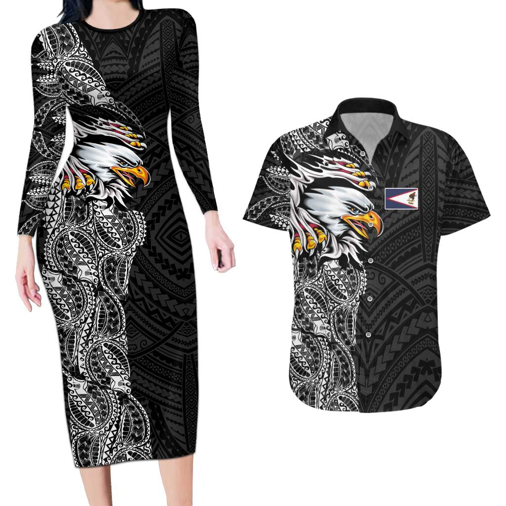 American Samoa Flag Day Couples Matching Long Sleeve Bodycon Dress and Hawaiian Shirt Tribal Tattoo with Eagle Black LT03 Black - Polynesian Pride