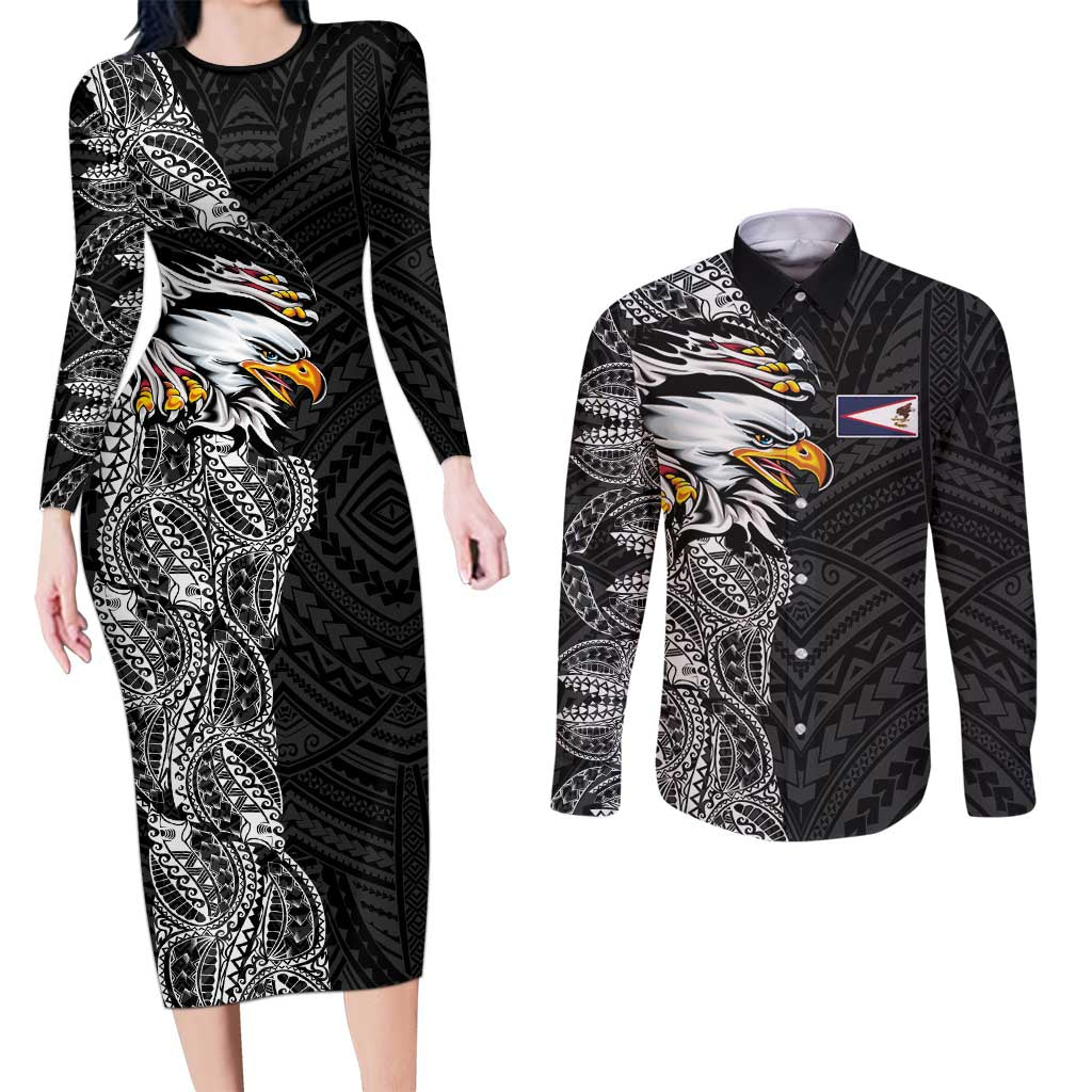 American Samoa Flag Day Couples Matching Long Sleeve Bodycon Dress and Long Sleeve Button Shirt Tribal Tattoo with Eagle Black LT03 Black - Polynesian Pride
