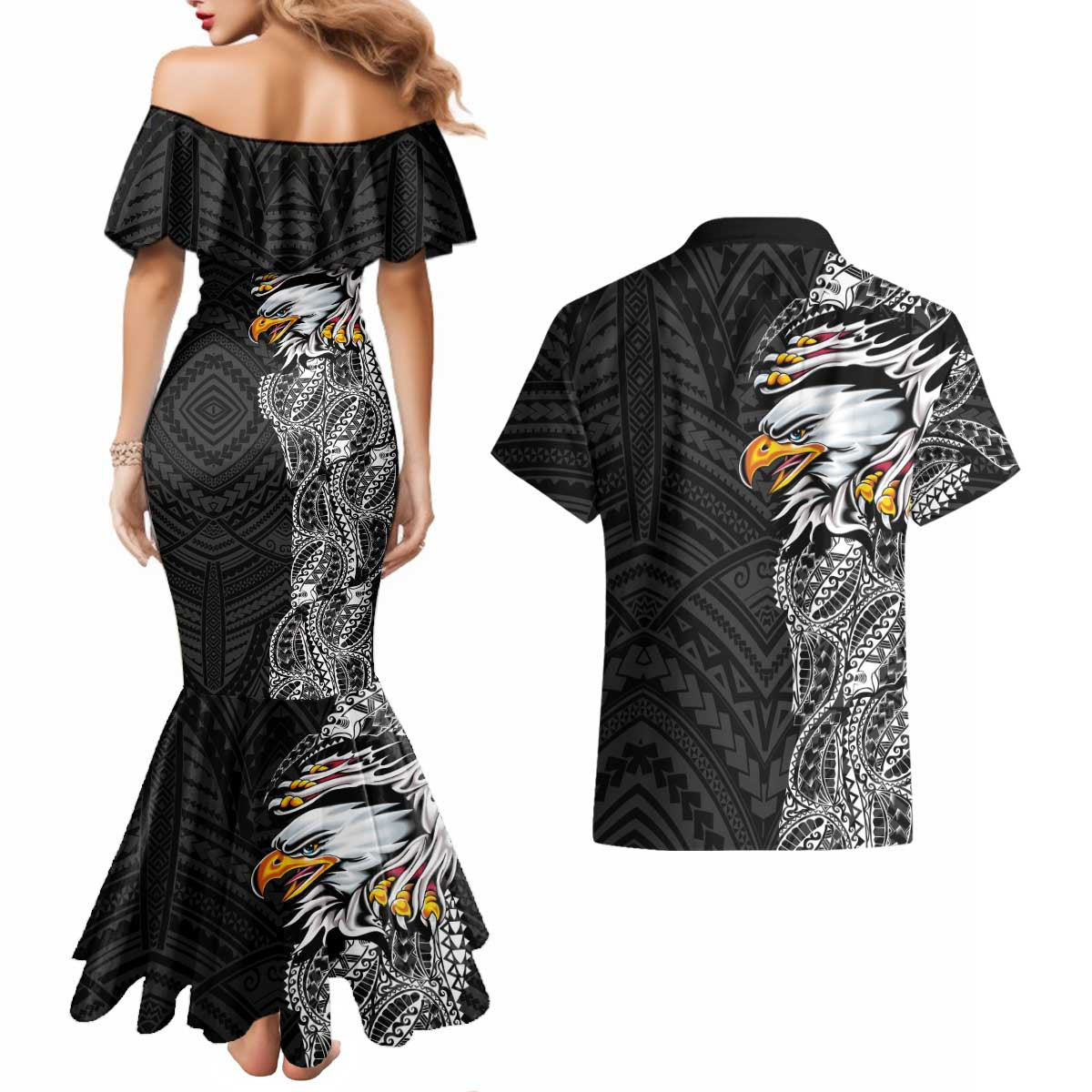 American Samoa Flag Day Couples Matching Mermaid Dress and Hawaiian Shirt Tribal Tattoo with Eagle Black LT03 - Polynesian Pride