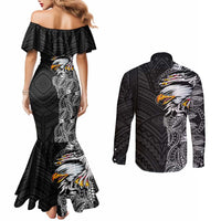 American Samoa Flag Day Couples Matching Mermaid Dress and Long Sleeve Button Shirt Tribal Tattoo with Eagle Black
